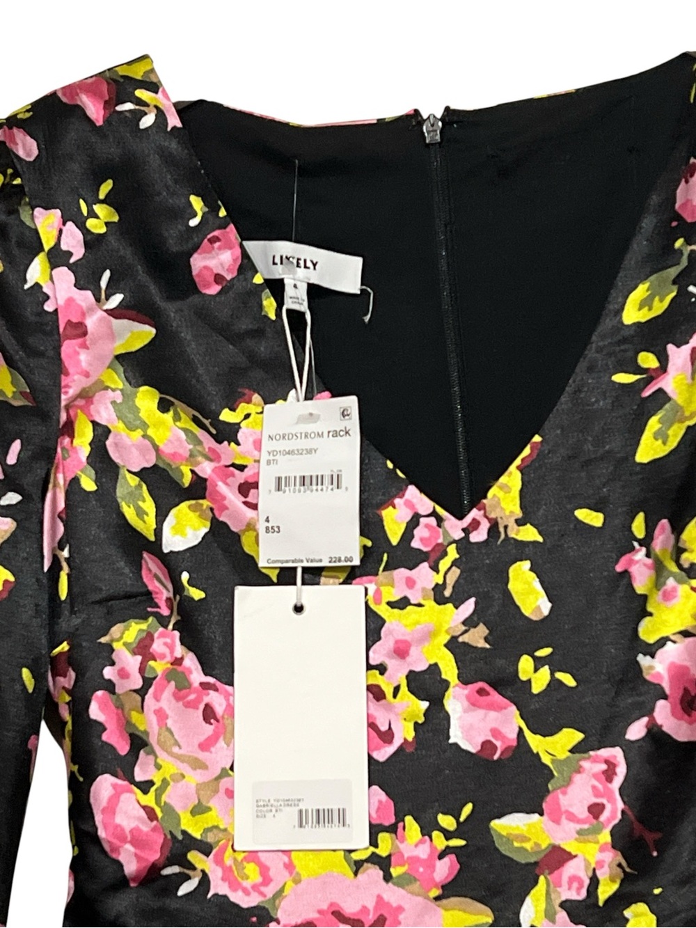 LIKELY Gabriella Dress Size 4 Black Pink Floral Long Sleeve Ruched V-Neck NWT - Picture 3 of 11